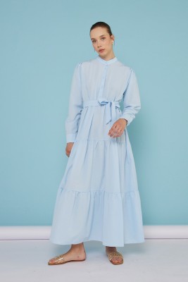 Basic Poplin Elbise Mavi - Thumbnail