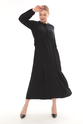 Pliseli Manolya Elbise Siyah - Thumbnail