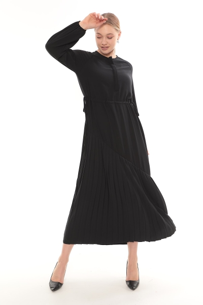 Pliseli Manolya Elbise Siyah